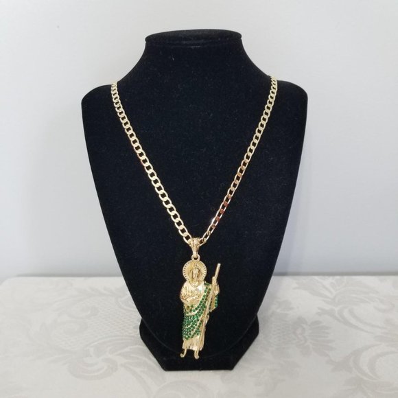 14K Gold Plated Green Rhinestones Saint Jude Men's Necklace - Picture 4 of 4